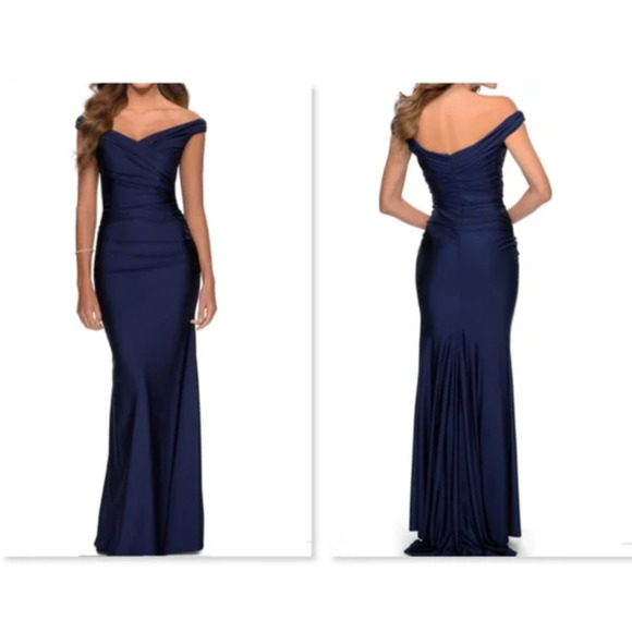 NWT La Femme Pleated Off the Shoulder Trumpet Gown Navy Blue Women's Size 0 - Picture 1 of 5